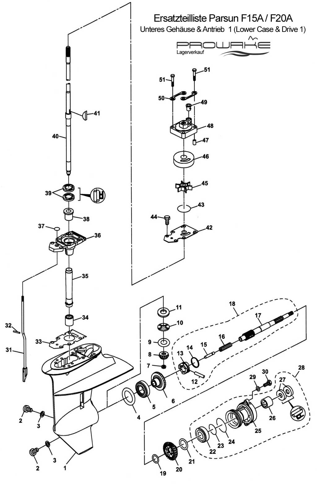 Parsun F15 (A) Ersatzteile / Spare Parts: Unteres Gehäuse + Antrieb I