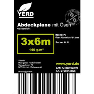 Details:   YERD 3x6m Abdeckplane mit Ösen, wasserdicht:  Gewebeplane  blau, 140g/m² starkes PE,  mit stabilen 12mm Aluminium-Metallösen, verstärkter Saum und extra verstärkte Eck-Ösen / Abdeckplane, Gewebeplane, Industrieplane 